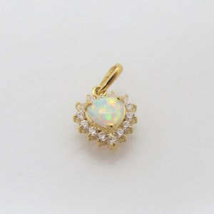 Vintage 14K Solid Yellow Gold White Opal & White Topaz Heart Tiny Pendant image 3