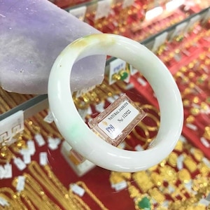 Translucent Natural Green White, Honey Jadeite Jade Vintage Bangle Bracelet 54.7MM
