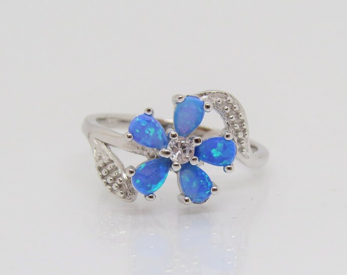 Vintage Sterling Silver Blue Opal & White Topaz Flower Ring Size 5