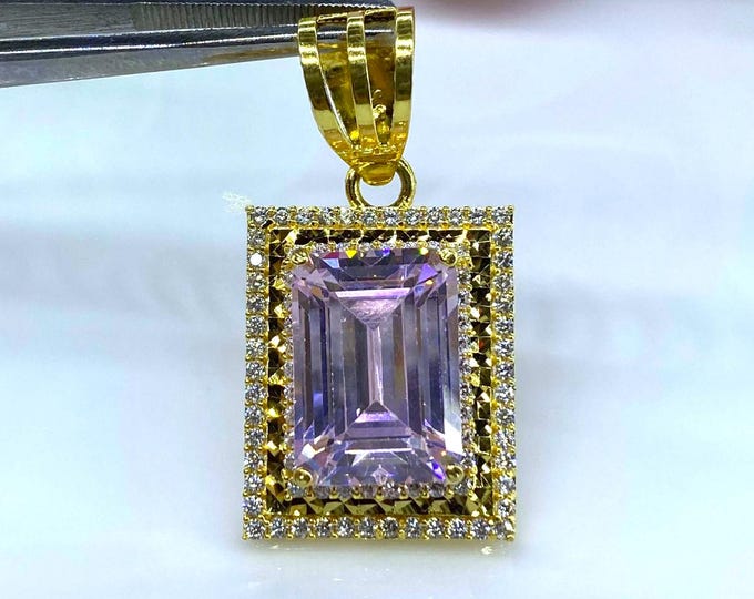 Vintage 15K 610 Solid Gold Pink Sapphire & White Topaz Rectangular Pendant.