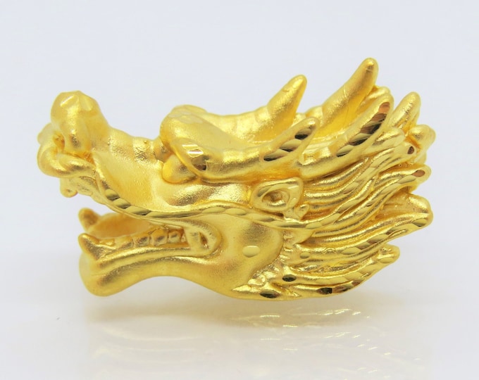 24K 9999 Pure Gold Dragon Head Vintage Charm Pendant Make for Bracelet