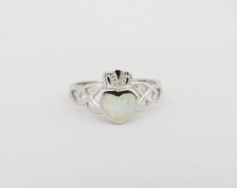 Vintage Claddagh Sterling Silver Inlay White Opal Ring Size 10