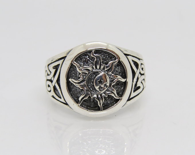 Sterling Silver Sun Moon Stars Men's Ring Size 11