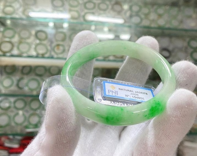 Translucent Natural Green, White Jadeite Jade Vintage Bangle Bracelet 59.3MM