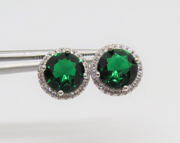 Vintage Sterling Silver Round Cut Emerald & White Topaz Earrings