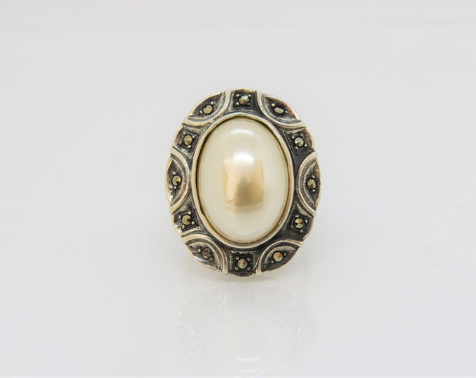 Vintage Sterling Silver Faux Pearl & Marcasite Dome Ring Size 7