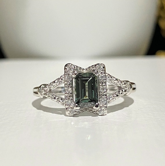 Vintage Sterling Silver Emerald & Diamond Solitai… - image 1