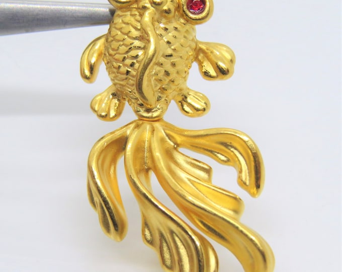 999 Pure Gold 3D Koi Fish, Goldfish Rubies on Eye Vintage Pendant
