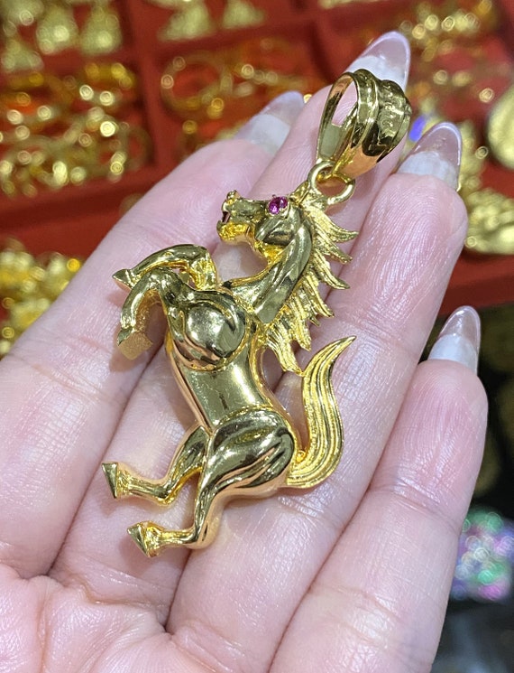 Vintage 15K 610 Solid Yellow Gold Ruby Horse Pend… - image 8