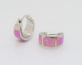 Vintage Sterling Silver Pink Opal Hoop Earrings