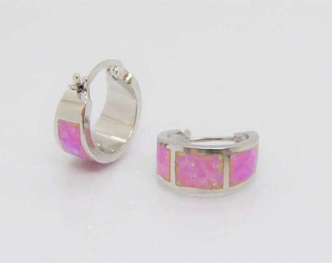 Vintage Sterling Silver Pink Opal Hoop Earrings