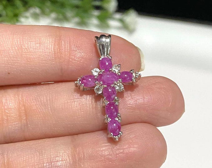 Vintage Sterling Silver Natural Ruby & White Topaz Cross Pendant.