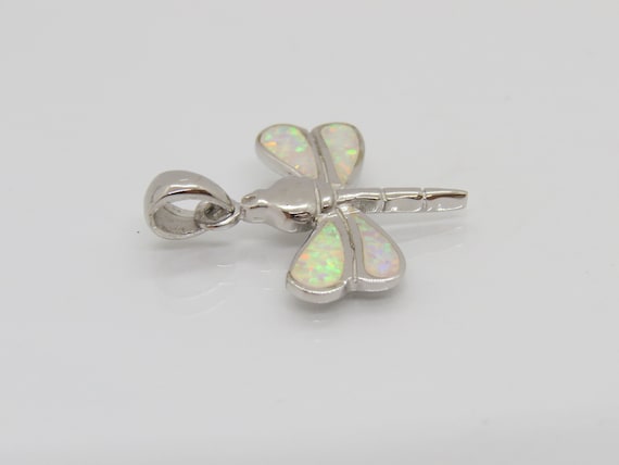 Vintage Sterling Silver White Opal Dragonfly Pend… - image 2