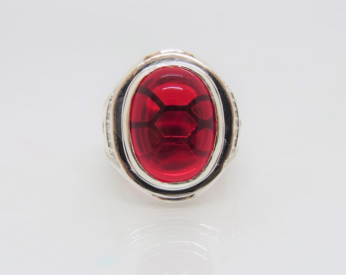 Vintage Sterling Silver Ruby Cabochon & White Topaz Men's Ring Size 10.25