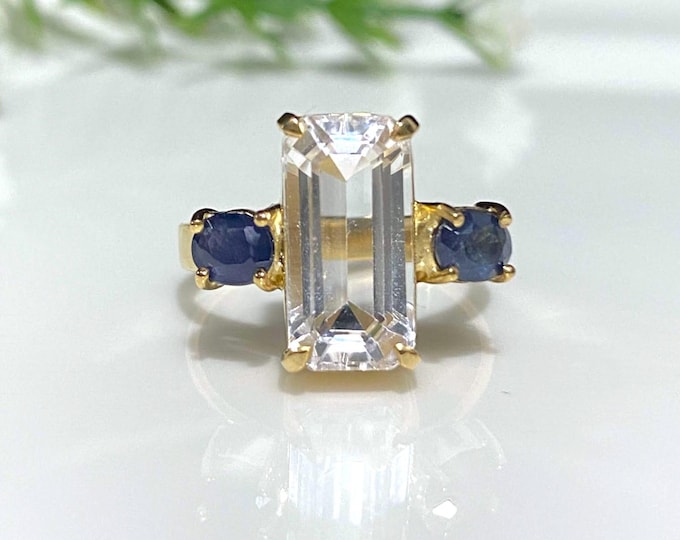 Vintage 14K Solid Yellow Gold 8.2ct Natural Kunzite & Blue Sapphire Ring Size 8.25