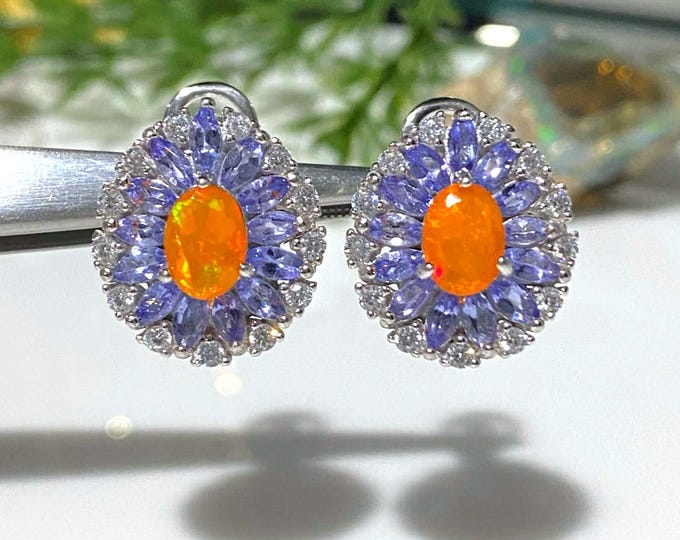 Vintage Sterling Silver Natural Orange Fire Opal & Tanzanite, White Topaz Earrings.