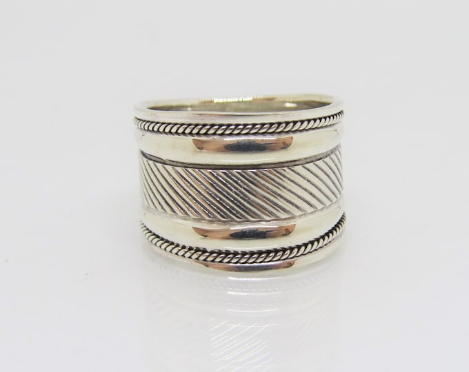 Sterling Silver Carved Wide Band Ring.