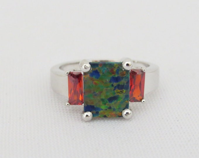 Vintage Sterling Silver Black Opal & Garnet Three stone Ring Size 10