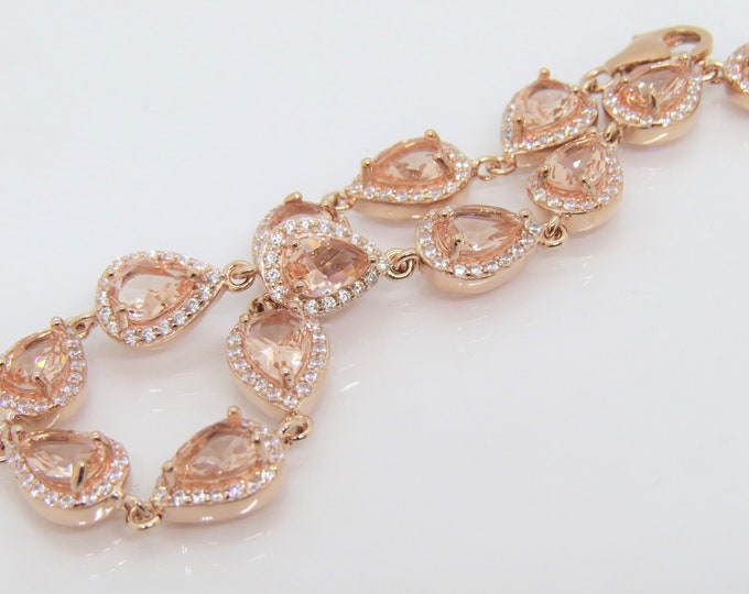 Vintage Rose Gold Plated Sterling Silver Pear cut Morganite & White Topaz Link Bracelet 7 6/8''