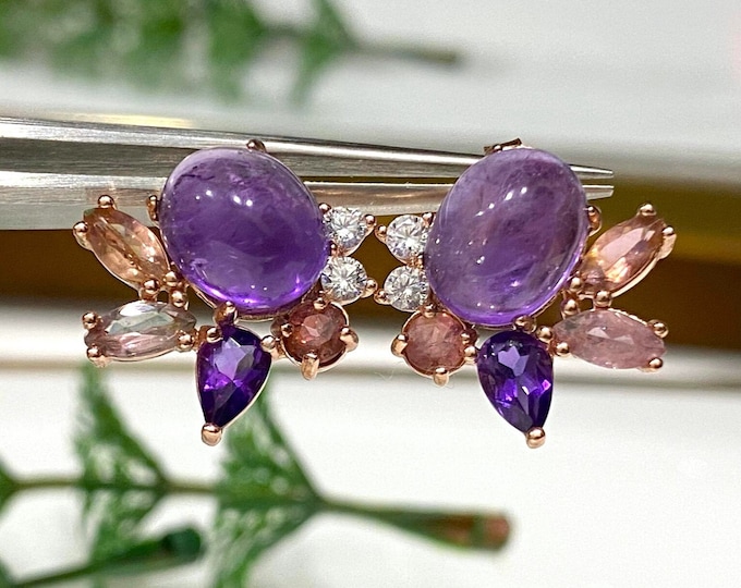 Vintage Sterling Silver Rose Gold Plate Natural Amethyst, Tourmaline & White Topaz Earrings