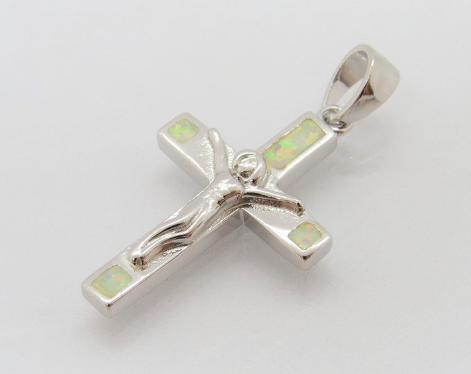 Vintage Sterling Silver White Opal Jesus Cross Charm Pendant