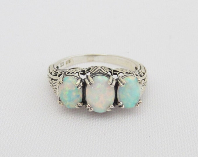 Vintage Sterling Silver Fire Opal Filigree Three stone Ring Size 9