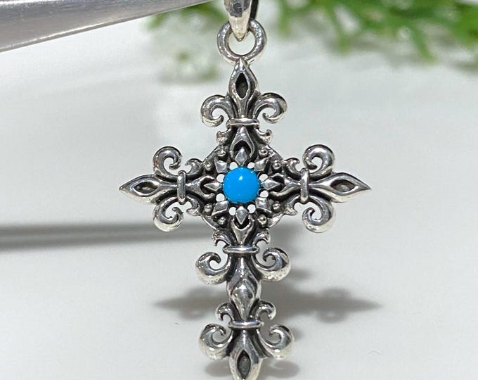 Vintage Sterling Silver Turquoise Cross Fleur De Lis Pendant