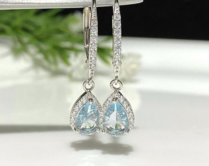 Vintage Sterling Silver Aquamarine & White Topaz Dangle Earrings.