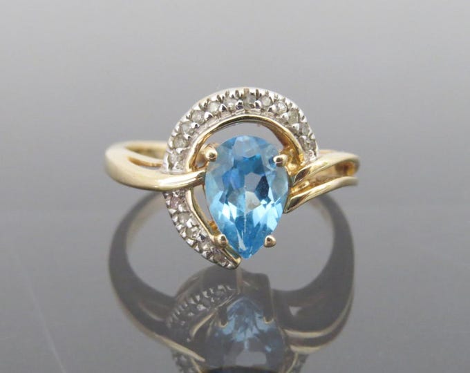 Vintage 14K Solid Yellow Gold 1.45ct Natural Swiss Blue Topaz & Diamond Halo Ring Size 7.25