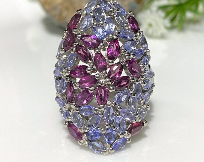 Vintage Sterling Silver Natural Rhodolite & Tanzanite Cluster Long Ring Size 8