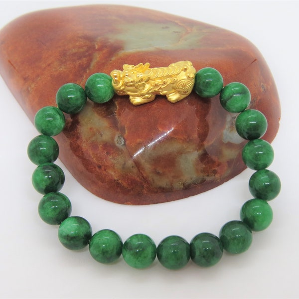 Vintage 24K 999 Pure Gold 3D Pixiu with Green Jadeite Jade Bead Bracelet