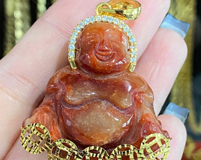 Vintage 18K Solid Yellow Gold Red Jadeite Jade, White Topaz Laughing Buddha Happy Buddha Pendant