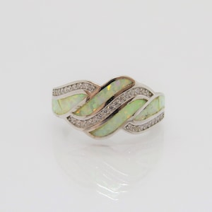 Vintage Sterling Silver White Opal & White Topaz Twisted Ring Size 8