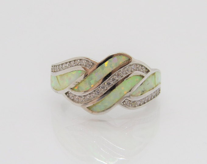 Vintage Sterling Silver White Opal & White Topaz Twisted Ring Size 5