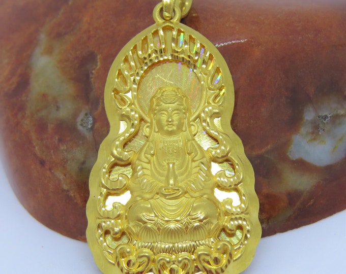 24K 980 Pure Gold Diamond cut Kwan Yin, Quan Yin Buddha Heavy Pendant