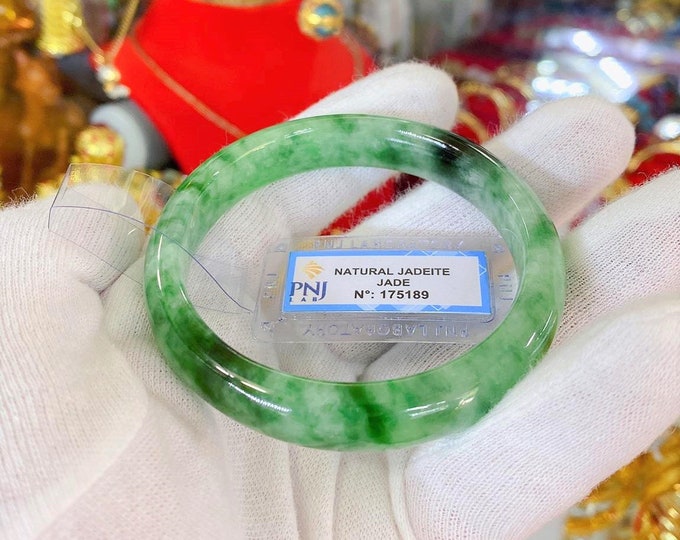 Translucent Natural Green, White & Black Jadeite Jade Vintage Bangle Bracelet 54.3MM