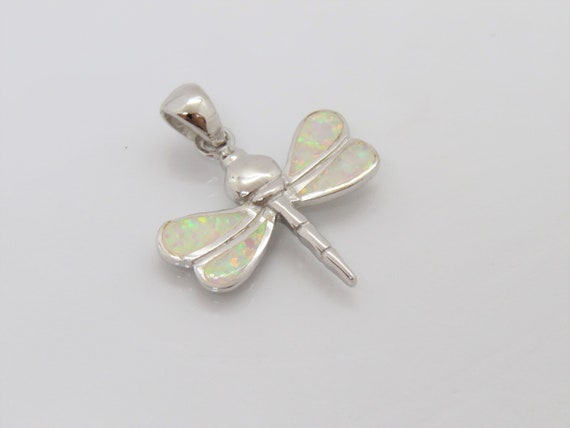 Vintage Sterling Silver White Opal Dragonfly Pend… - image 4