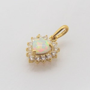 Vintage 14K Solid Yellow Gold White Opal & White Topaz Heart Tiny Pendant