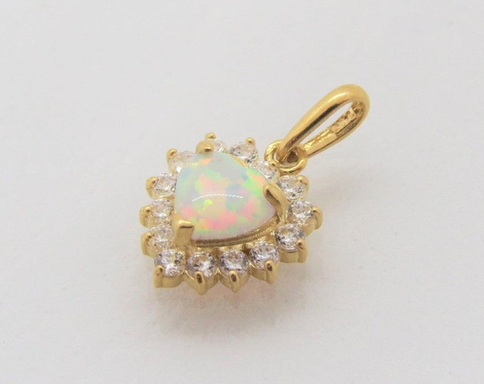 Vintage 14K Solid Yellow Gold White Opal & White Topaz Heart Tiny Pendant