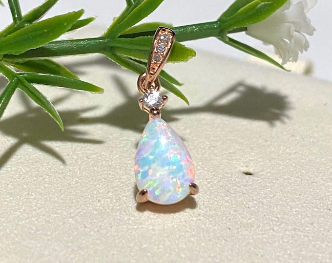 Vintage Sterling Silver Rose Gold Plated Pear cut White Opal & White Topaz Pendant.