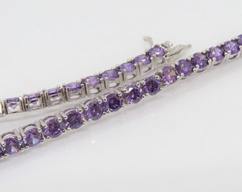 Sterling Silver Round cut Amethyst Link Chain Vintage Bracelet 8 1/2''