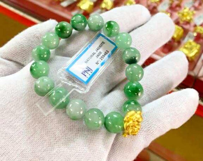 Vintage 24K 999 Yellow Gold Pig Charm Natural Green, White Jadeite Jade Beads Bracelet 10MM