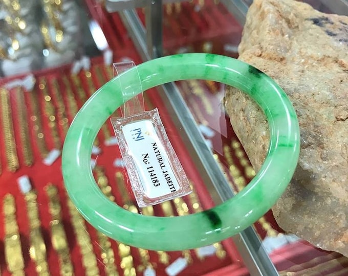 Vintage Translucent Natural Green, White Jadeite Jade Bangle Bracelet 53.6MM