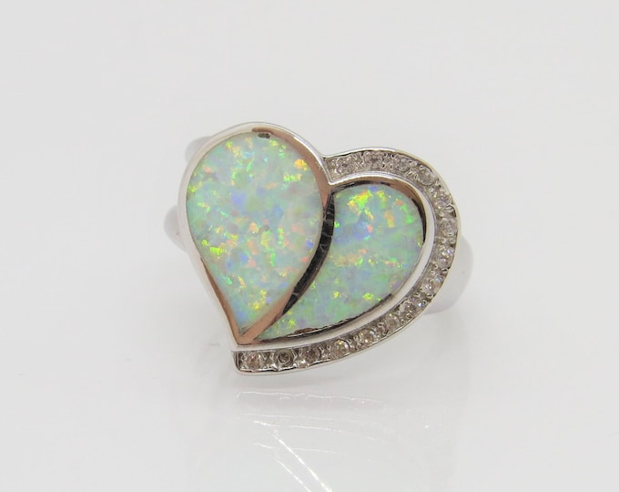 Vintage Sterling Silver White Opal & White Topaz Heart Ring Size 8