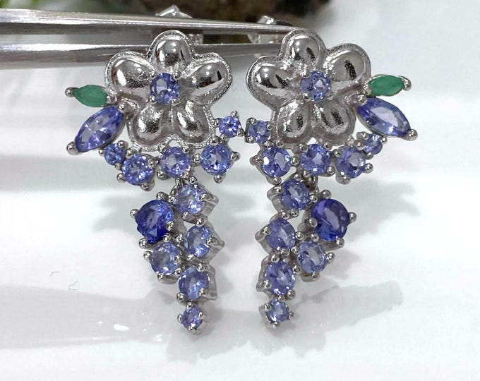 Vintage Sterling Silver Natural Tanzanite & Emerald Flower Dangle Earrings.