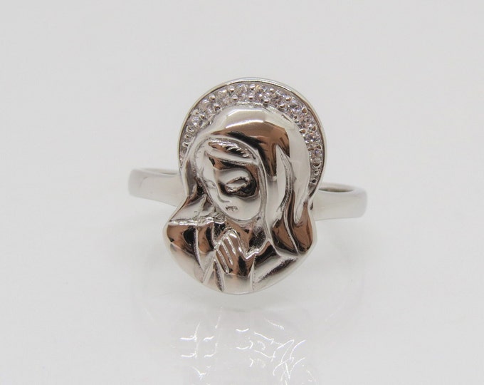 Vintage Sterling Silver White CZ Virgin Mary Ring Size 6,7,8,9,10