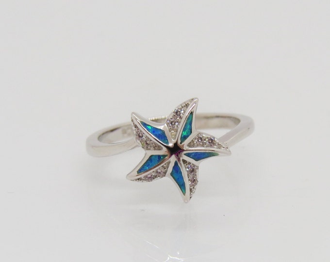 Vintage Sterling Silver Blue Opal & White Topaz Starfish Ring Size 7