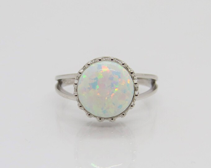 Vintage Sterling Silver Round cut White Opal CROWN Ring Size 8