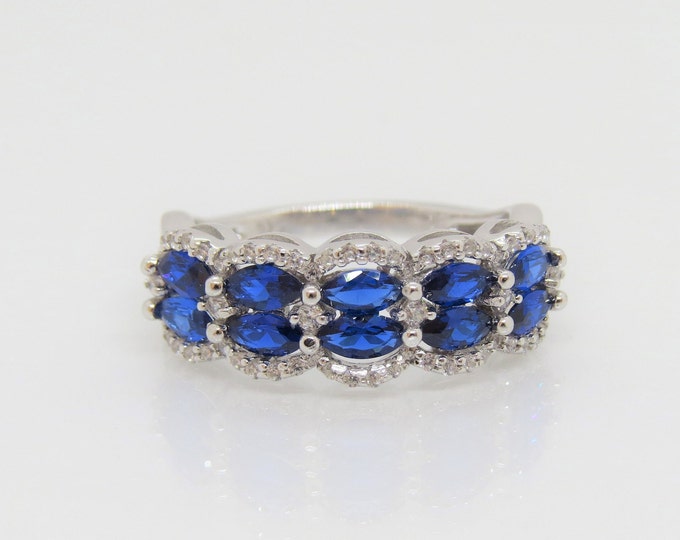 Vintage Sterling Silver Marquise Blue Sapphire & White Topaz Ring Size 8