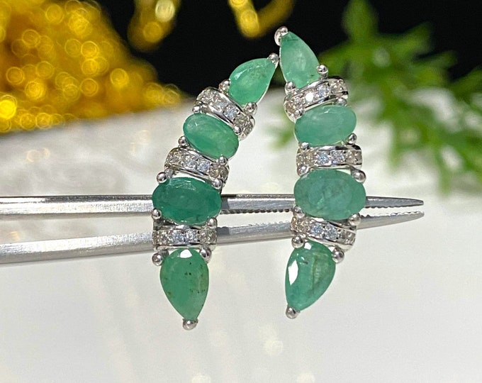 Vintage Sterling Silver Natural Emerald & White Topaz Earrings.